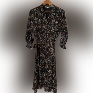 DR2 Black Floral Long Sleeve Button Up Belted A-Line Midi Dress - Small